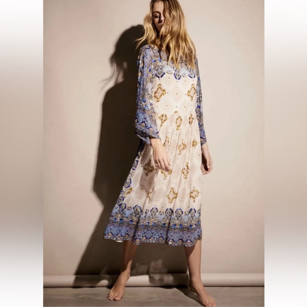 Free People One Day Dress Special Edition Blue Tan Chiffon Sz XS